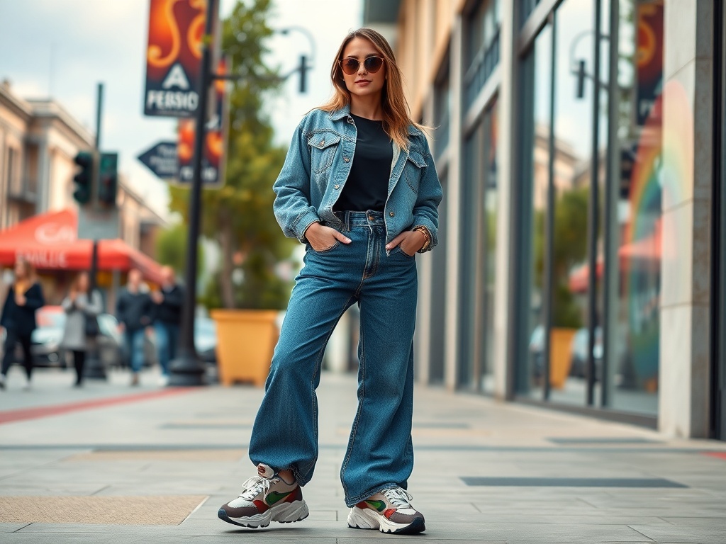 A person wearing wide baggy jeans and chunky sneakers on a city street.
