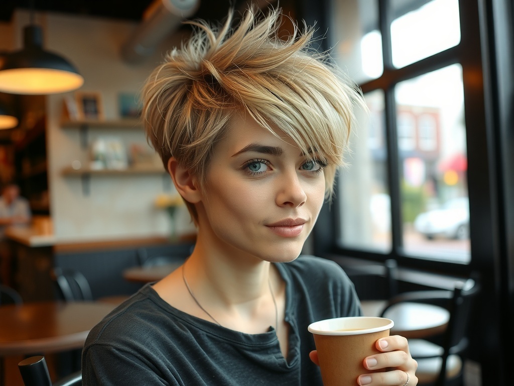 A person with a messy bedhead bixie haircut, showcasing a relaxed and stylish look.