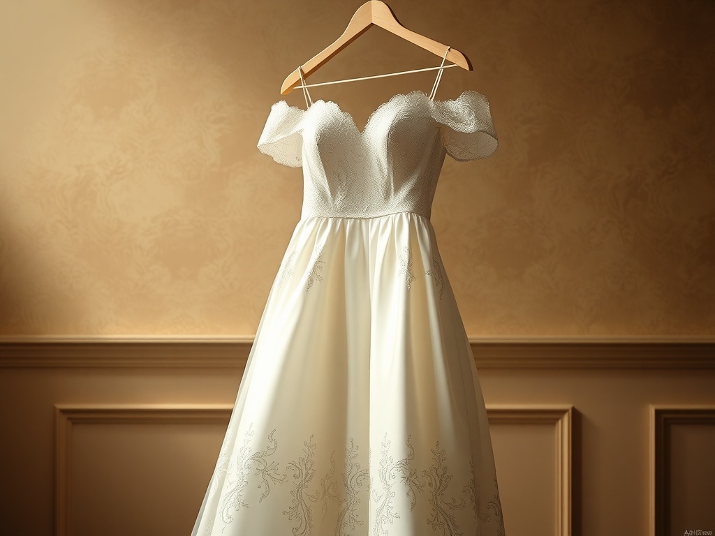 Elegant off-shoulder silk wedding dress hanging on a wooden hanger.