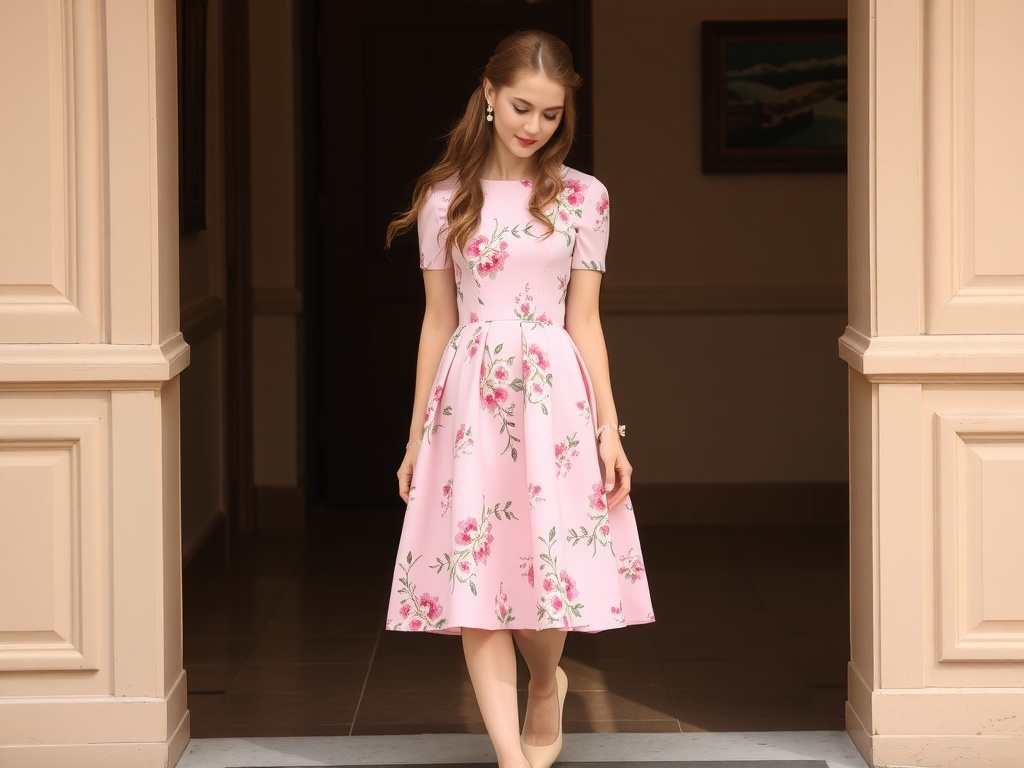 A model wearing a floral pink tea-length dress with a back view, showcasing the design and hairstyle.