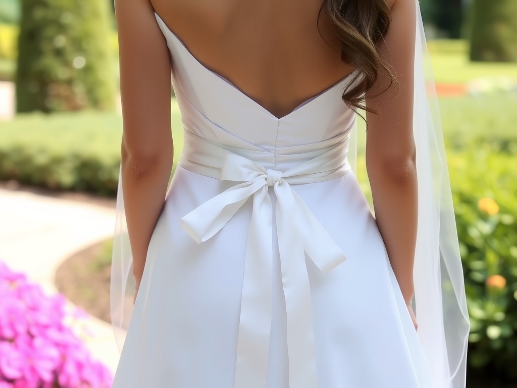 A close-up of a bridal wedding dress featuring a satin ribbon and intricate lace detailing.