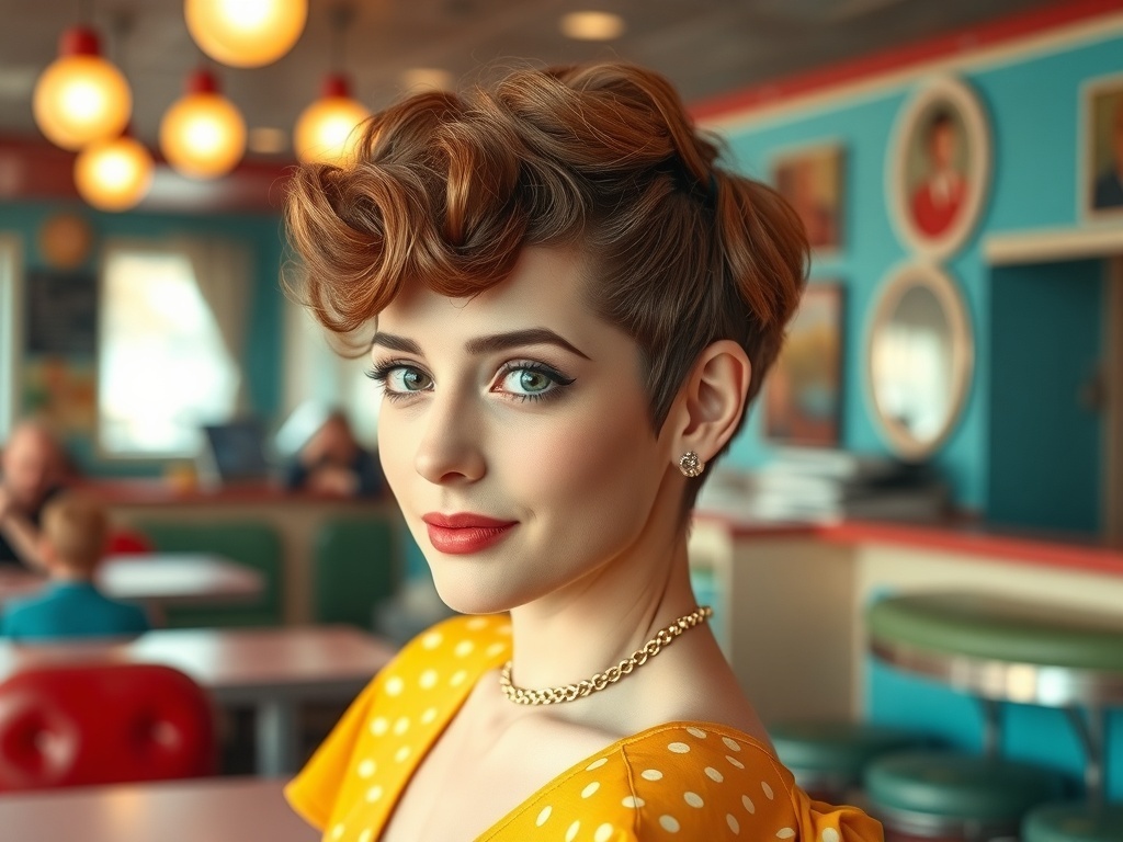 A woman with vintage-inspired bixie haircut featuring soft curls and a playful volume.