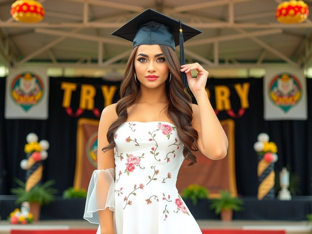 A high school graduate in a floral embroidered mini dress with a black graduation hat, standing on a stage.