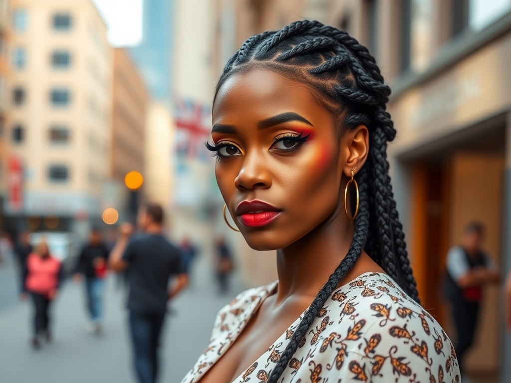 A fashion model with braided hair, bold eye makeup, red lips, and large earrings.
