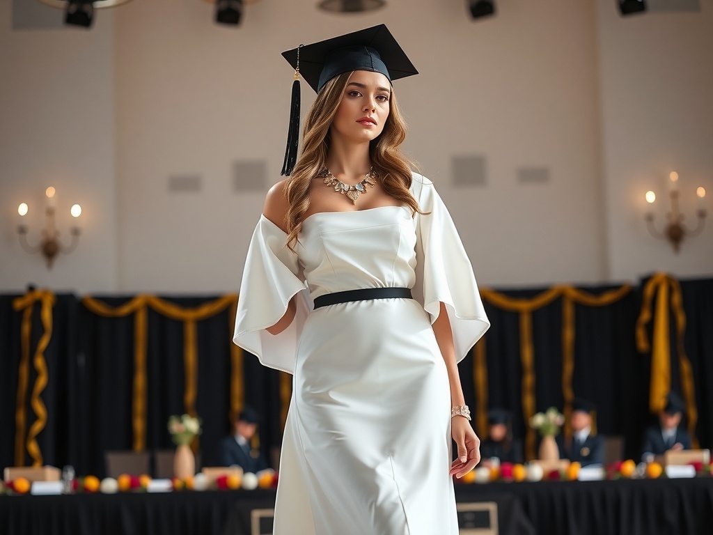 A model wearing a modern midi dress with statement sleeves, walking on a graduation stage.