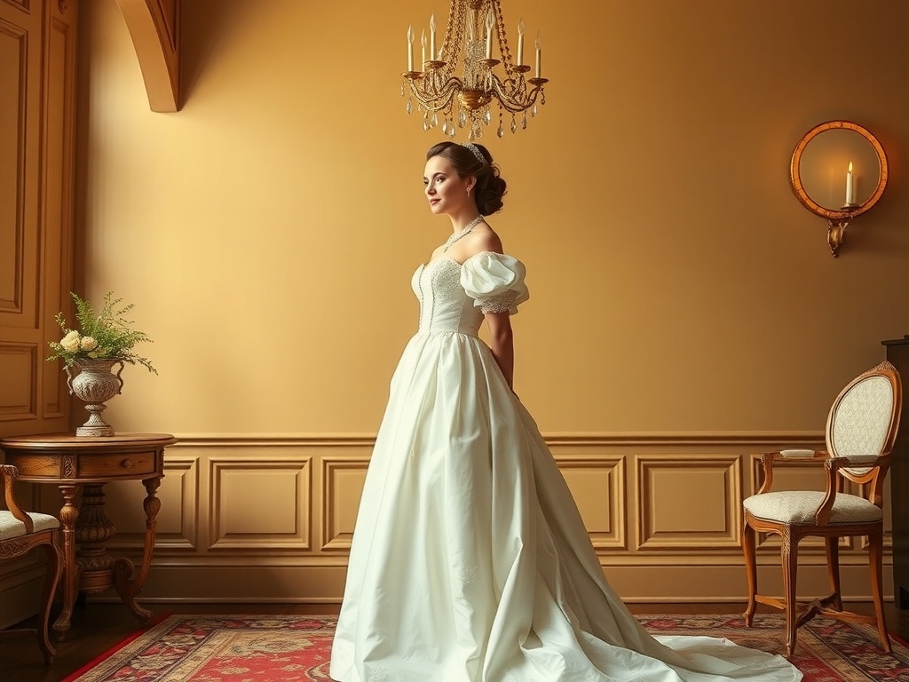 Bride in a Regency Era ball gown with puff sleeves, showcasing elegant hairstyle and exquisite jewelry.
