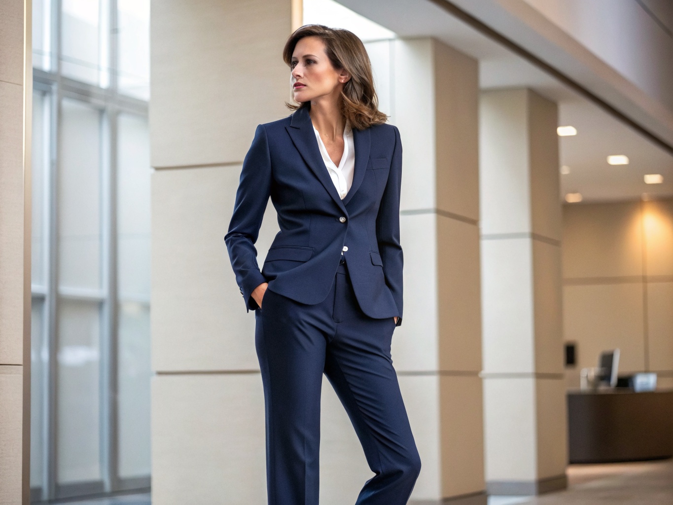 A woman in a navy blue trouser suit with a white blouse, looking confident and professional.