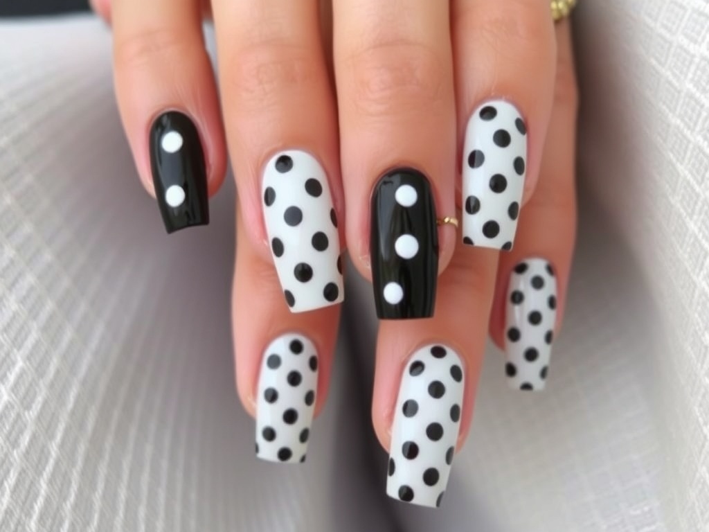 A close-up of a hand with coffin style black and white polka dot nails, adorned with rings, showcasing a stylish look.