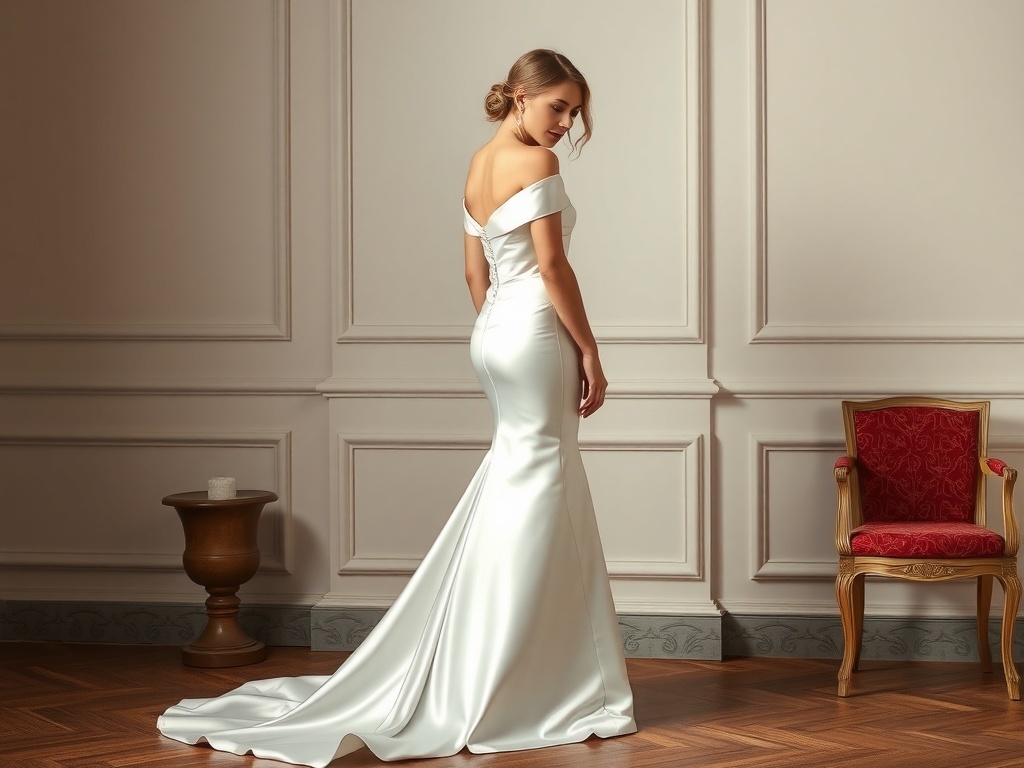 A bride in a satin mermaid dress with off-shoulder neckline, showcasing her elegant hairstyle.