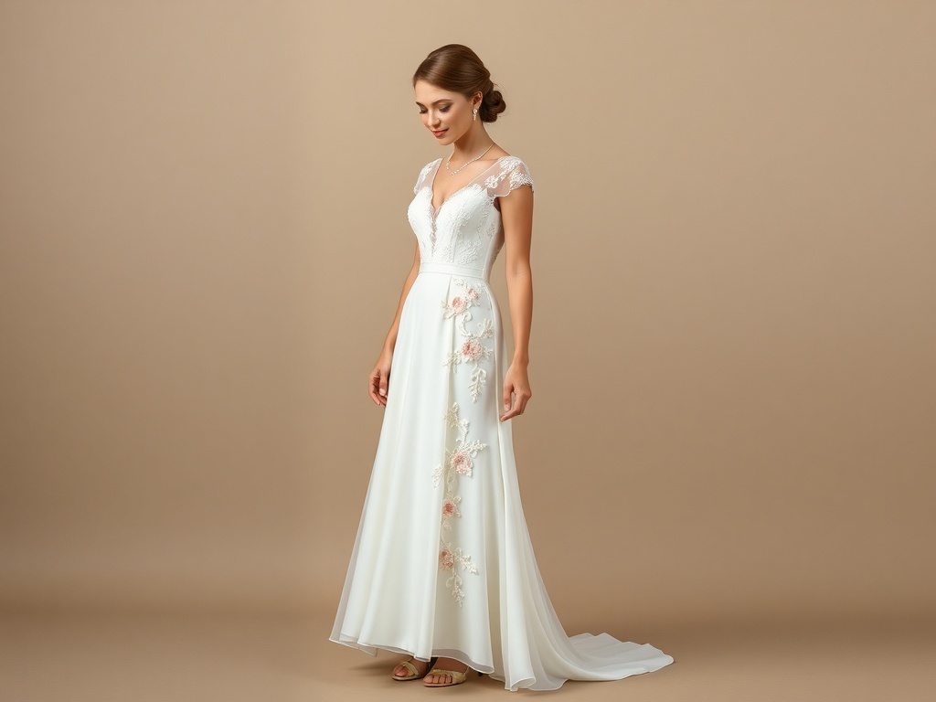 A bride wearing a floral embroidered tea-length dress, showcasing a graceful silhouette and intricate details.
