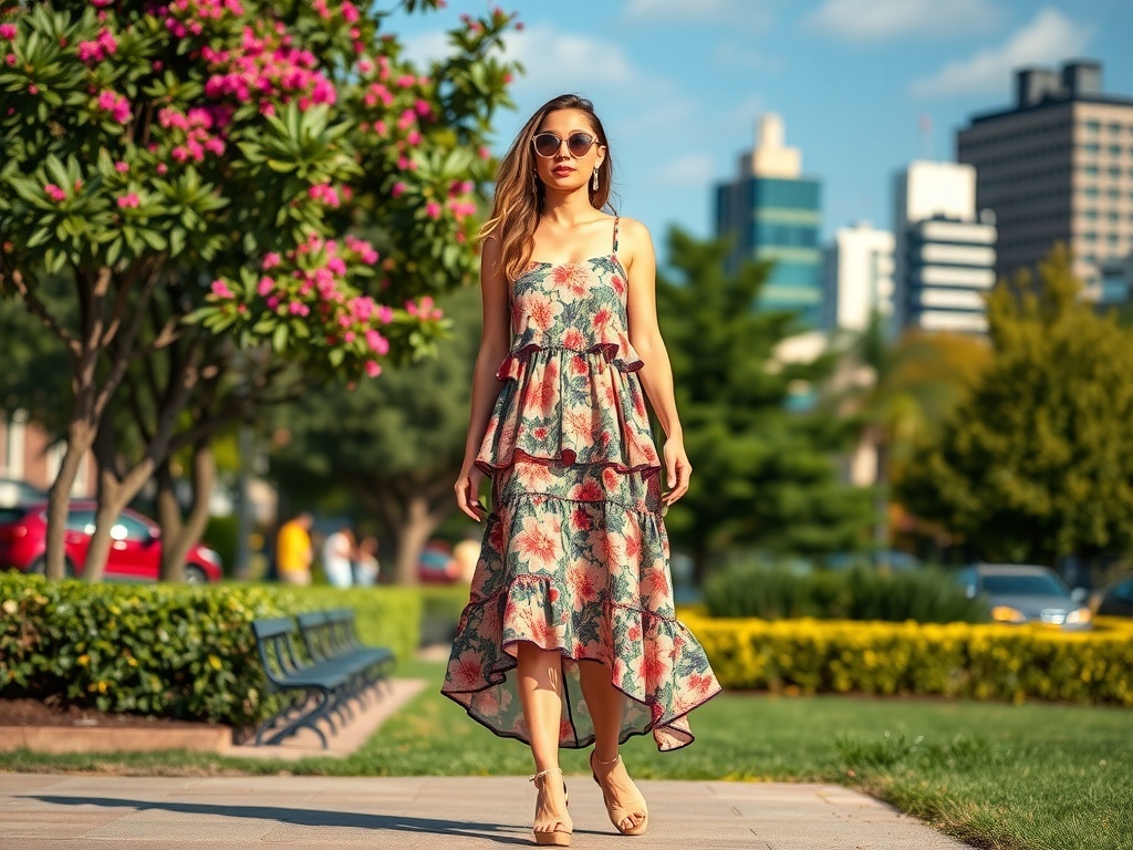 A model wearing a flirty tiered floral dress with sunglasses and stylish shoes.