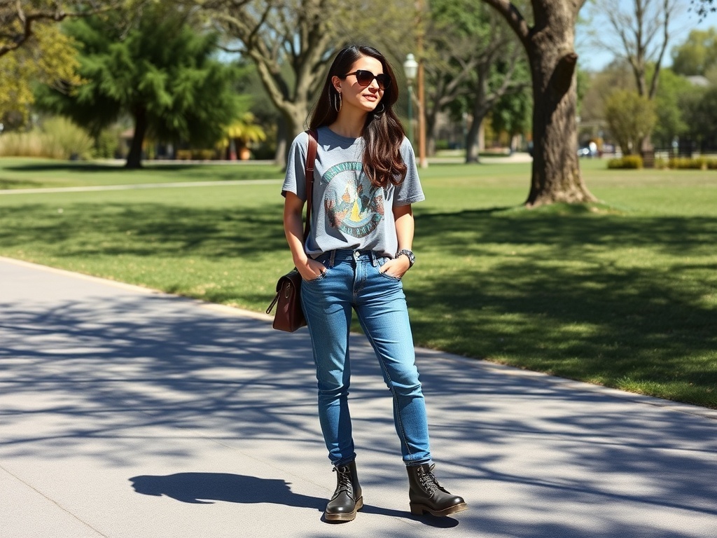 A woman wearing 10 Barrel jeans, Doc Martens boots, and sunglasses in a park.