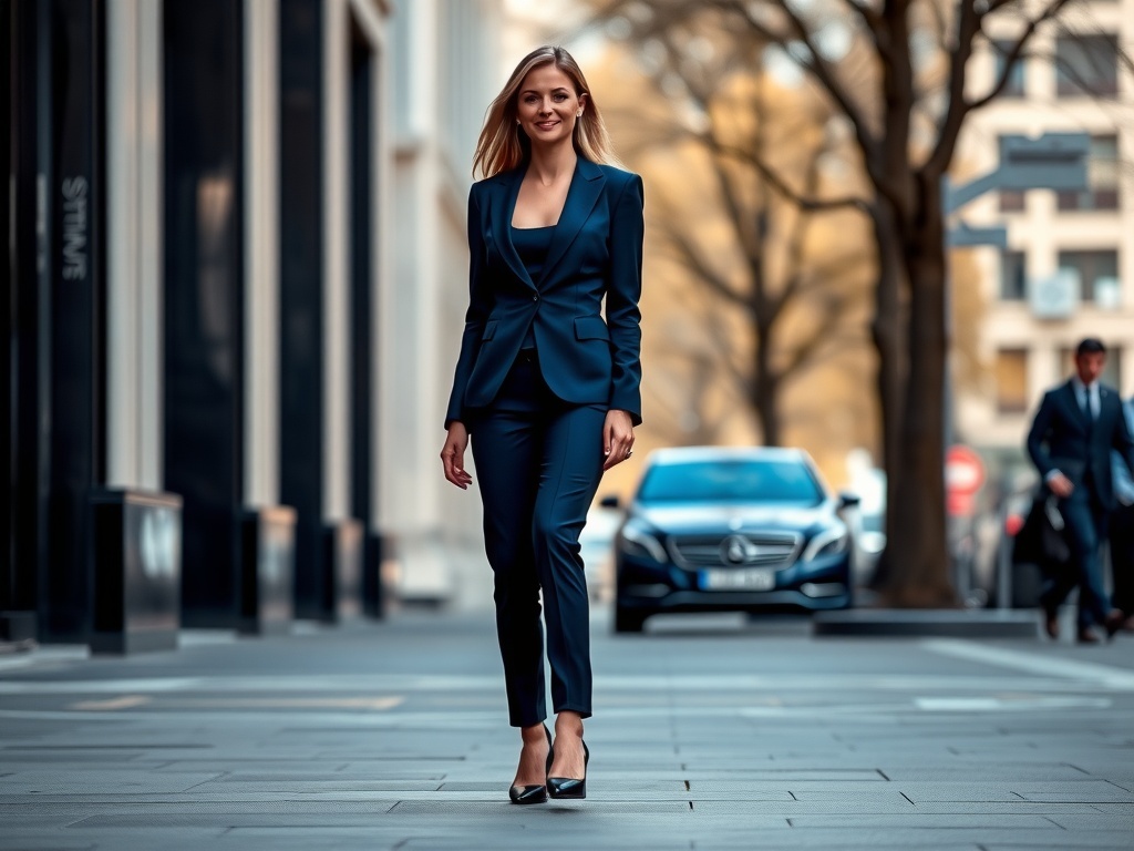 A professional woman in a navy blue suit walking confidently in stylish footwear.