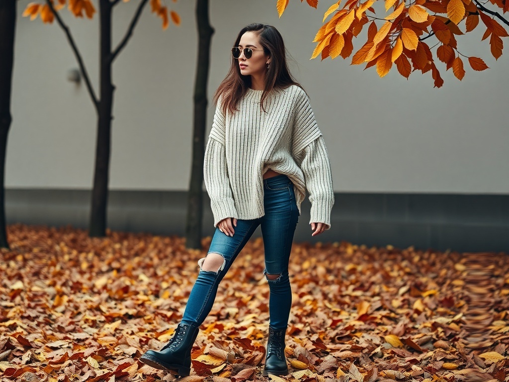 Fashionable woman in oversized sweater and jeans walking through autumn leaves.
