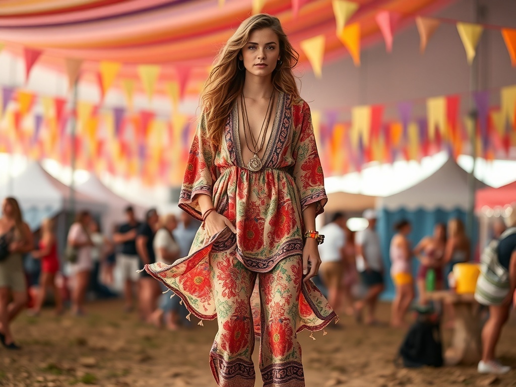 A model wearing a breezy tunic and flared pants at a festival.