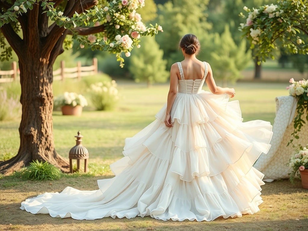 A whimsical tiered silk wedding dress with layers, set in a beautiful outdoor setting.