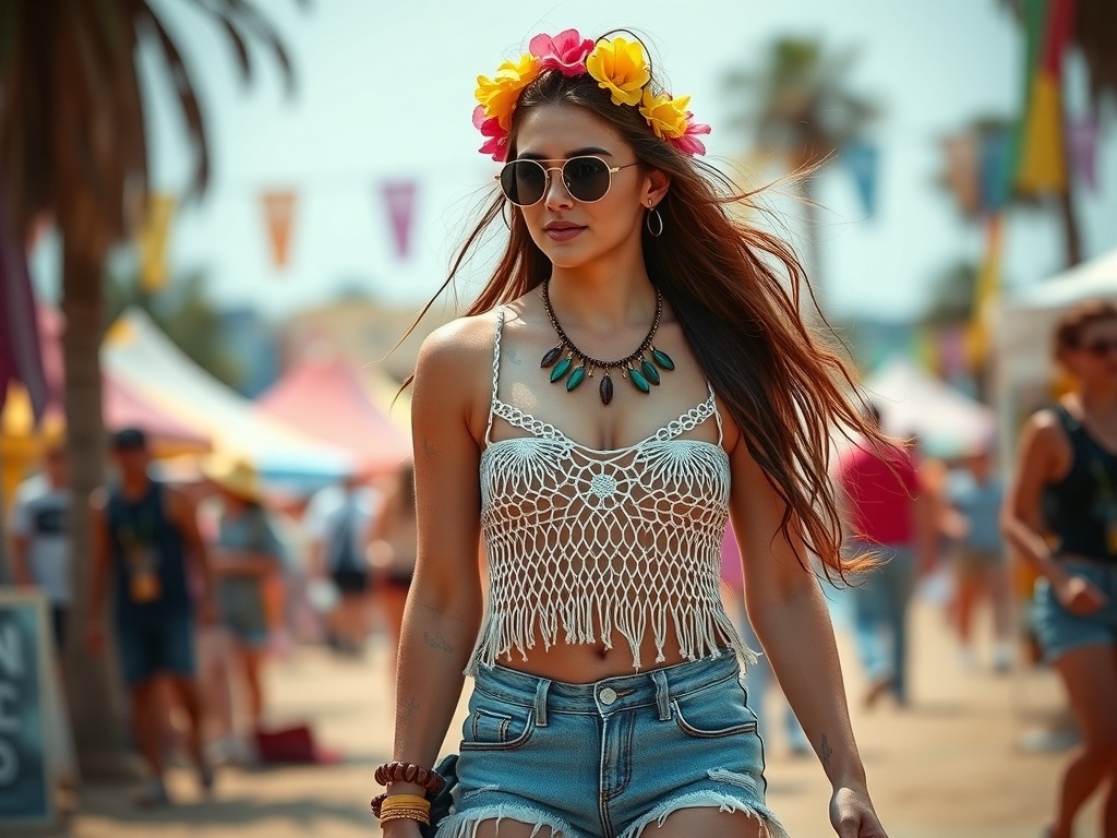 A model wearing a crochet top and shorts at a festival, accessorized with bohemian jewelry and sunglasses.