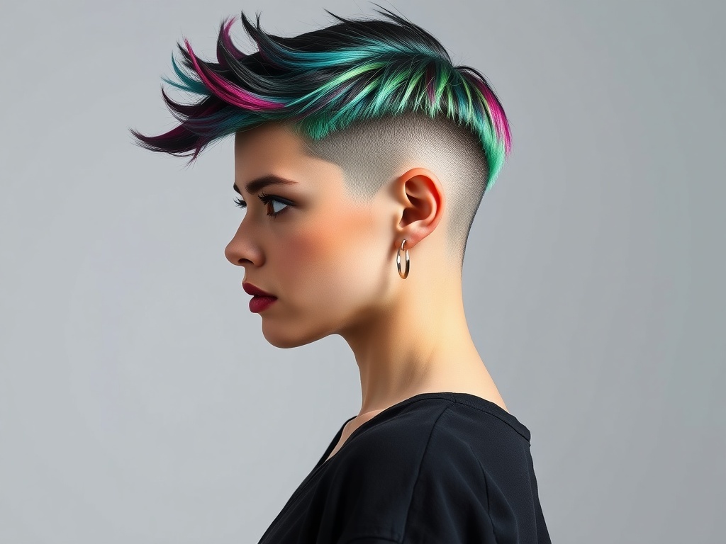 A stylish edgy undercut bixie haircut with vibrant colors.