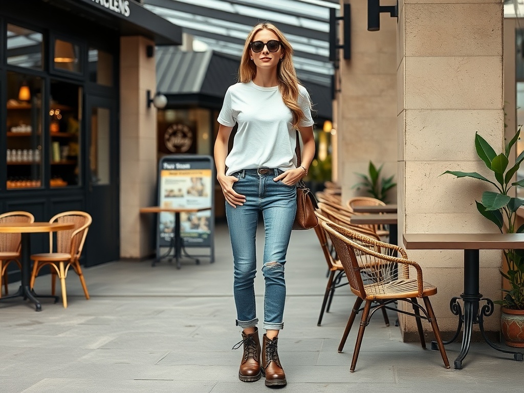 Fashionable woman in classic denim and white tee with Doc Martens boots and sunglasses.