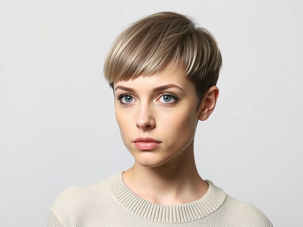A woman with a classic blunt bixie haircut, featuring a straight edge and a modern style.