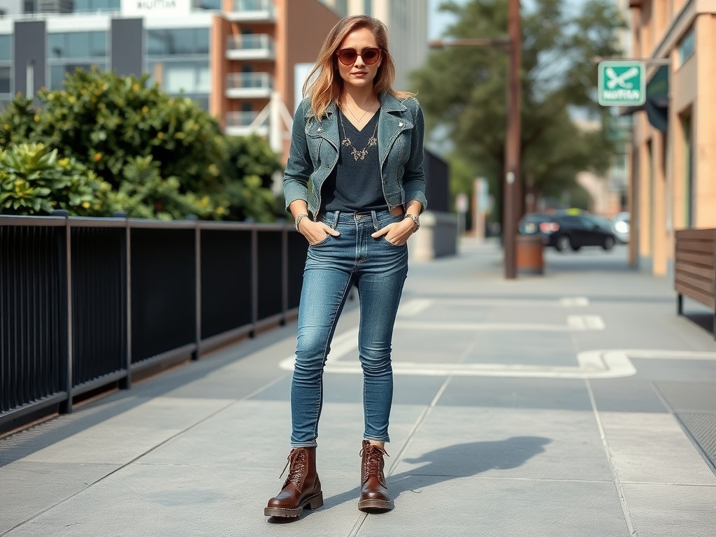 A woman wearing 10 Barrel Jeans, Doc Martens boots, and sunglasses, showcasing a casual chic style.