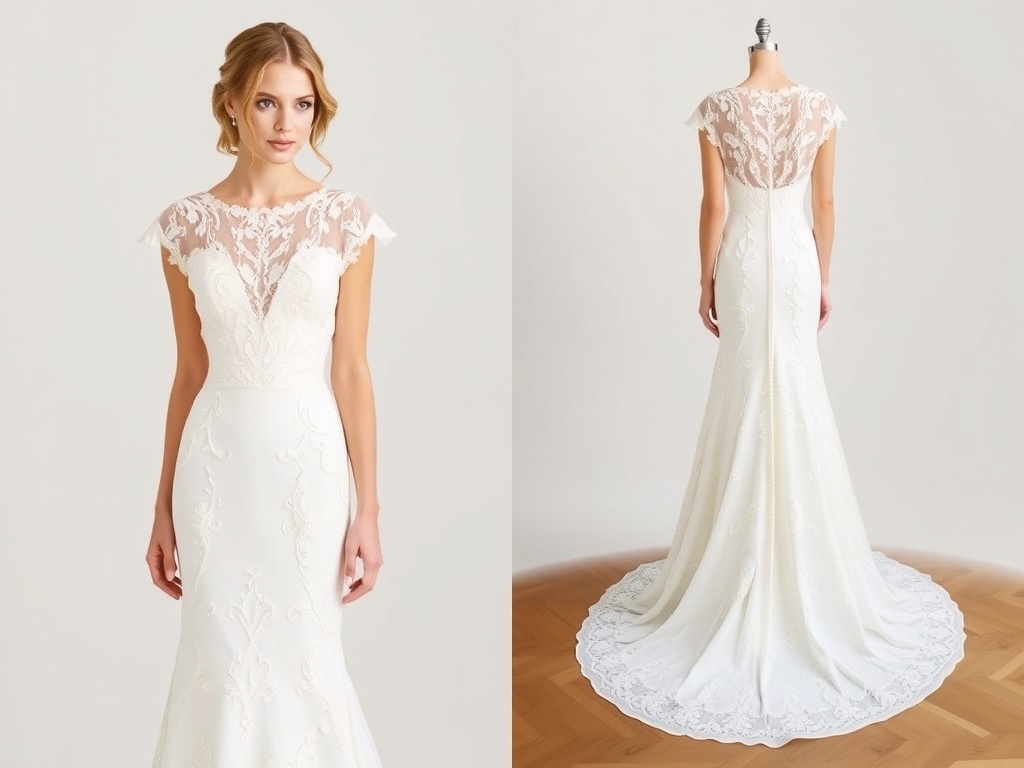 A bridal wedding dress featuring romantic lace cap sleeves displayed elegantly on a table.