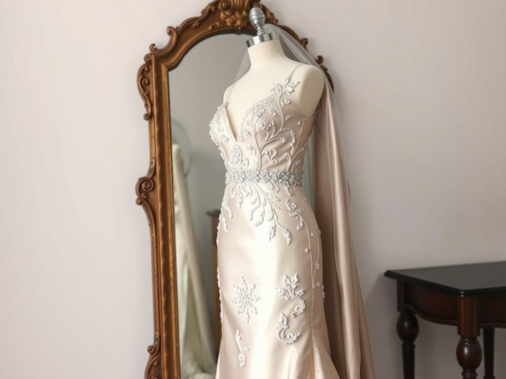 Vintage-inspired silk sheath wedding dress with intricate embroidery and a soft silhouette.