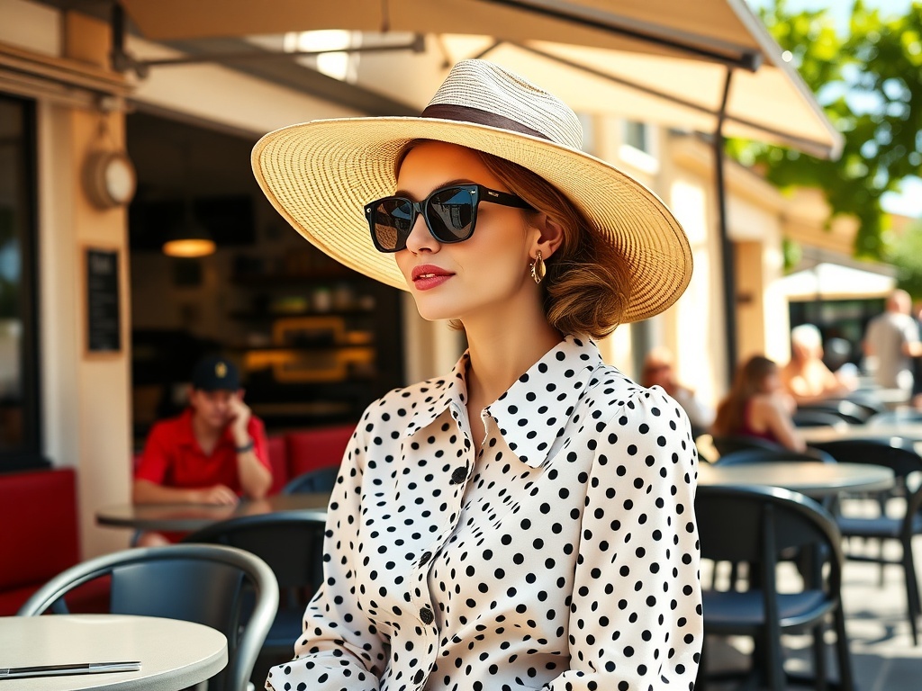 Model wearing a polka dot blouse, wide-brimmed hat, and sunglasses.