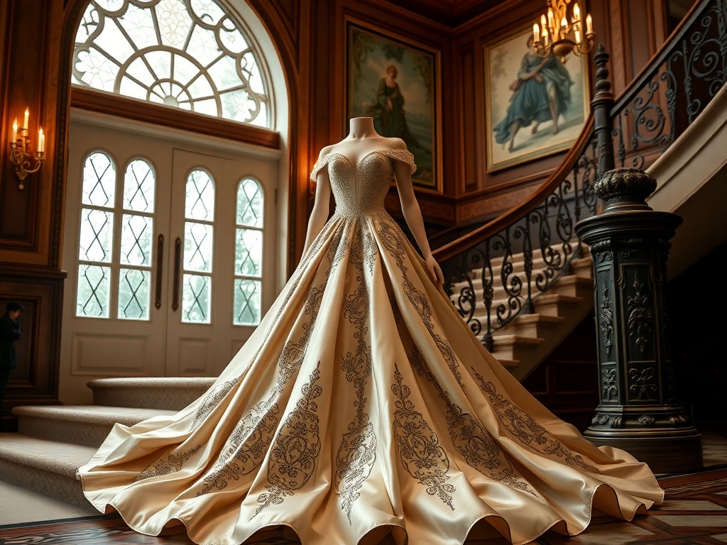 Glamorous silk ball gown with intricate embroidery displayed in an elegant setting