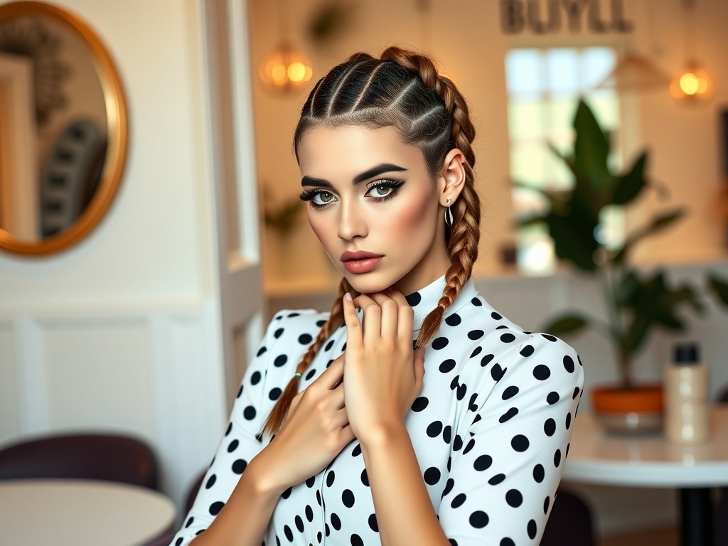 A model showcasing a polka dot outfit with braided hair, dramatic eye makeup, and red lips.