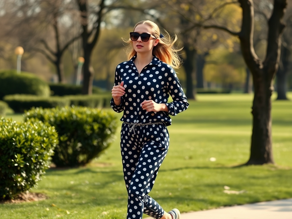 A model wearing a sporty polka dot tracksuit and sunglasses, jogging in a park.
