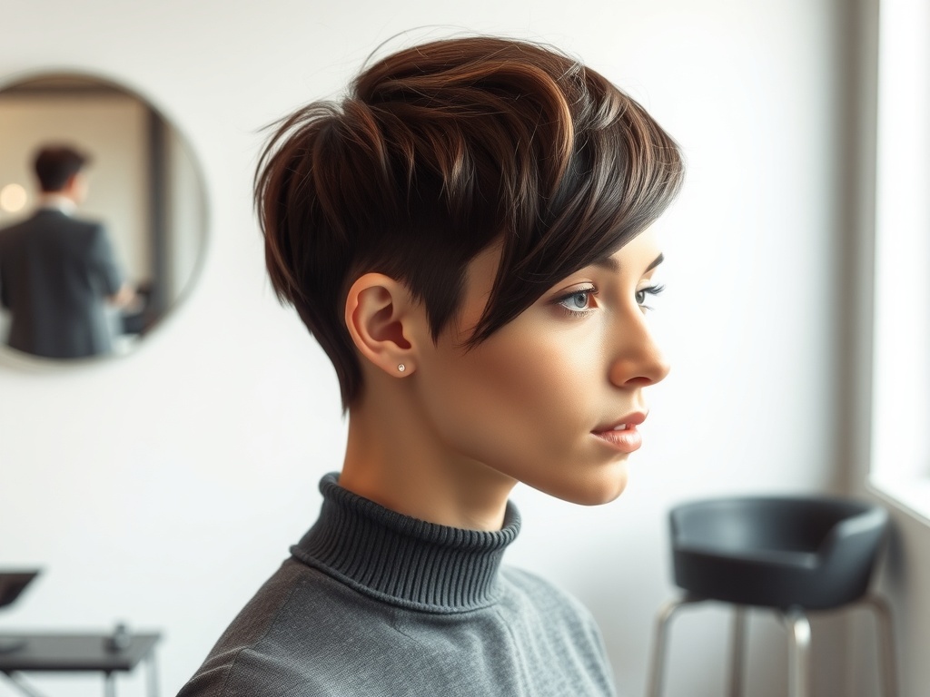A woman with a sleek side-parted bixie haircut, showcasing a modern and stylish look.