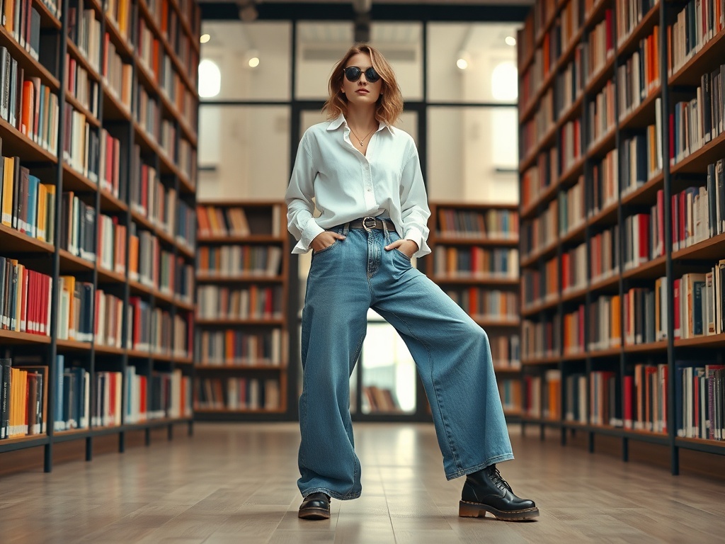 A model wearing wide baggy jeans and a button-up shirt in a modern office setting.