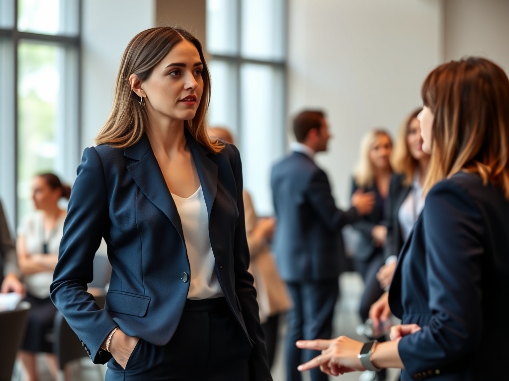 A group of professionals in navy blue suits networking at an event.