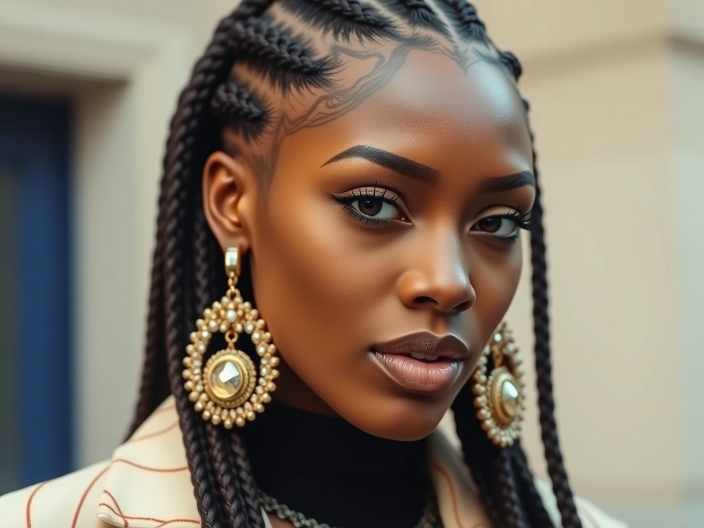A close-up of a model showcasing large, ornate earrings, styled with a chic hairstyle and striking makeup.