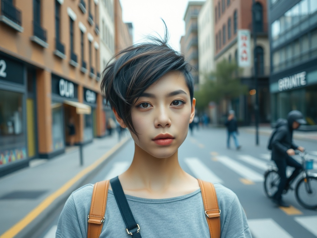 A person with an asymmetrical bixie haircut, showcasing a longer side and a shorter side, in an urban setting.