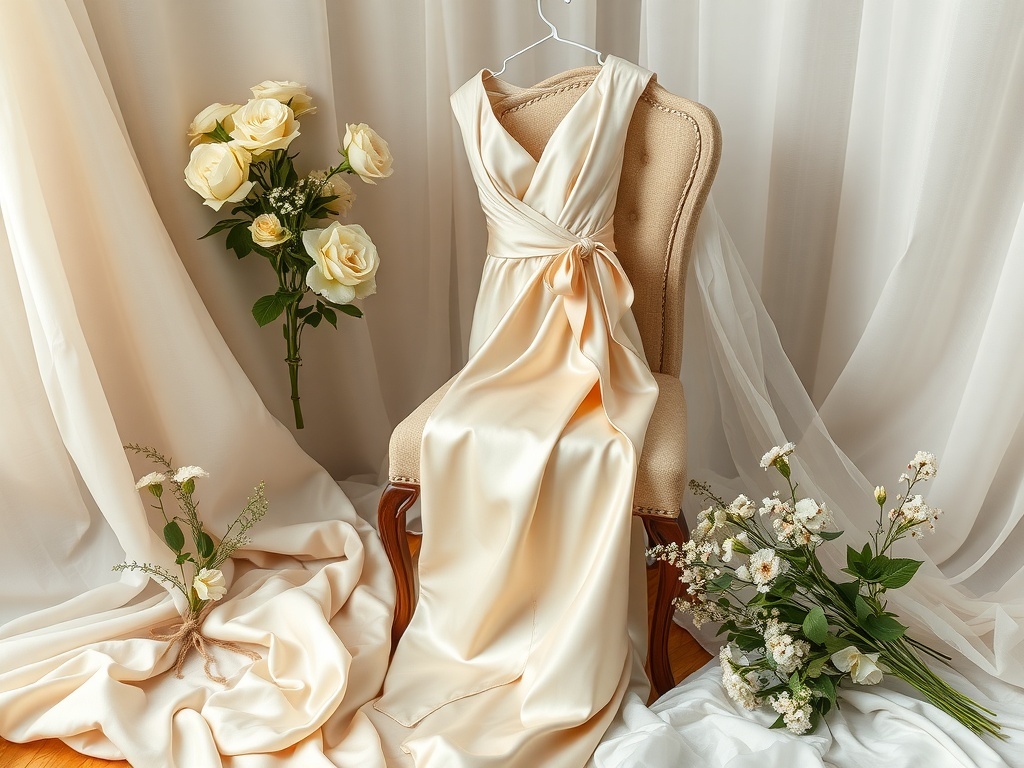 A romantic silk wrap dress displayed on a chair, surrounded by flowers and soft fabric.