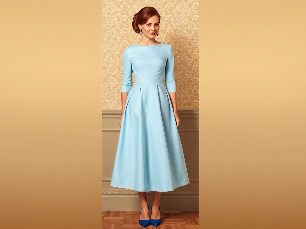 A model wearing a royal blue A-line dress with matching shoes, showcasing a stylish hairstyle.