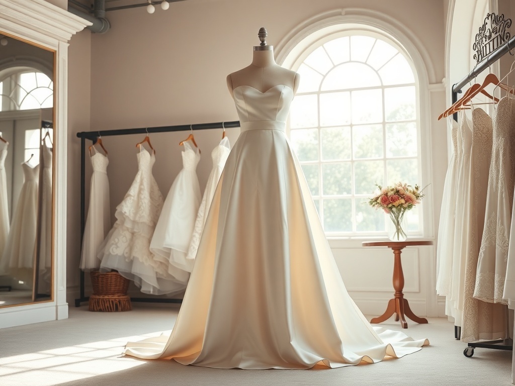 A timeless A-Line silk wedding gown displayed in a bridal shop.