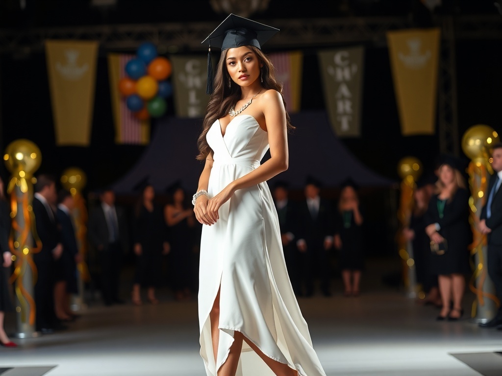 A model wearing a sophisticated high-low graduation dress with a black graduation hat, set against a festive graduation background.
