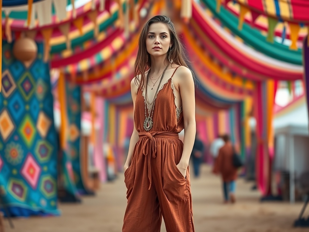 A fashion model in a bohemian jumpsuit with earthy tones, accessorized with jewelry, set against a vibrant festival backdrop.
