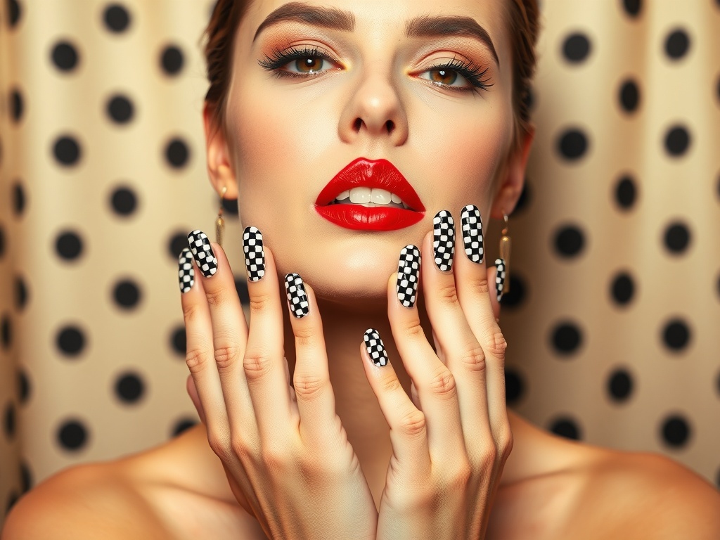 A model showcasing dramatic red lips and coffin-style black and white polka dot nails.