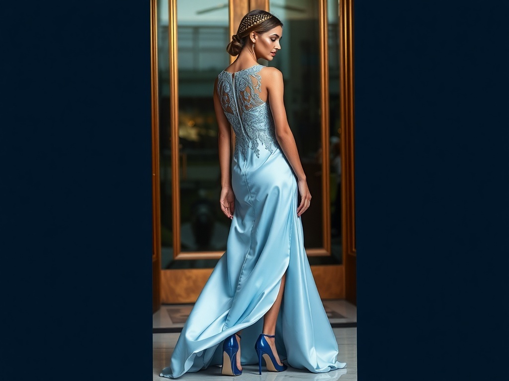A model wearing a sophisticated blue satin evening dress with matching blue heels.