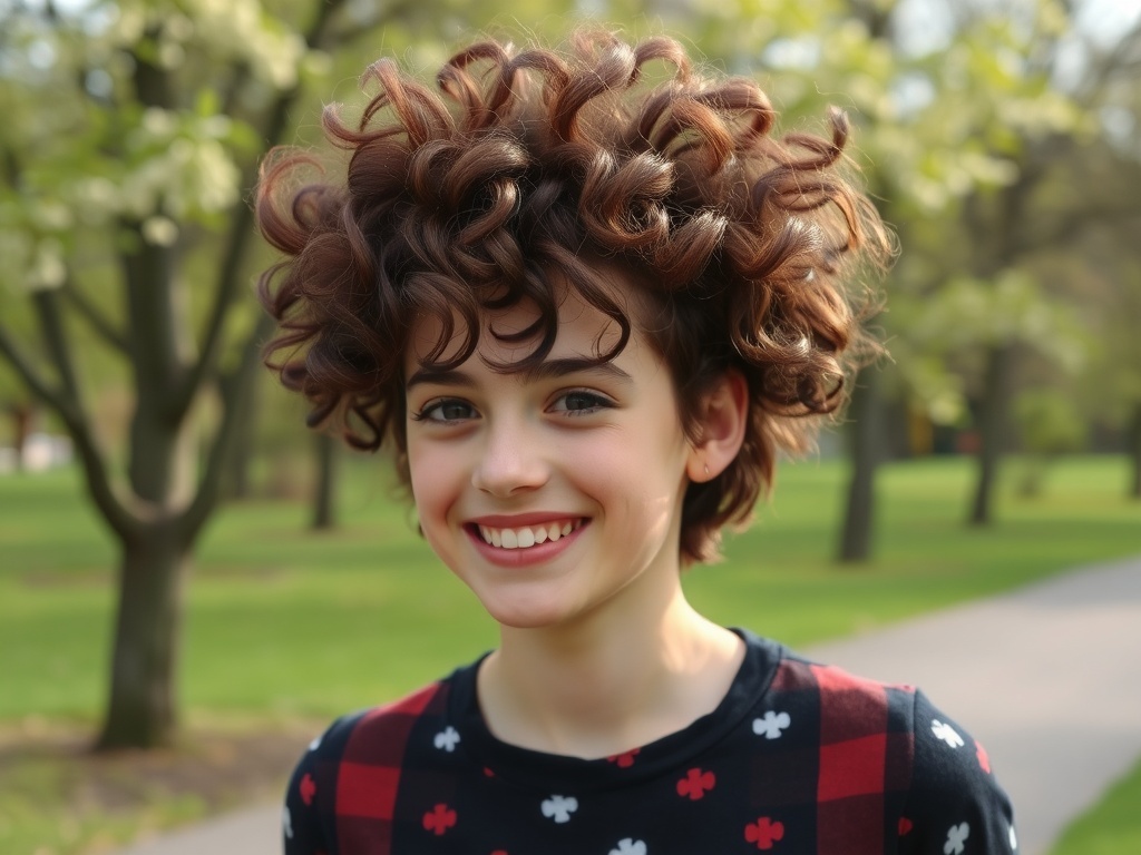 A child with curly hair in a park, showcasing a curly bixie haircut.