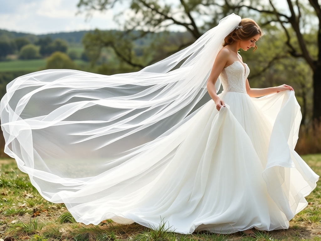 A bride in a flowing chiffon skirt with a long veil, standing outdoors.