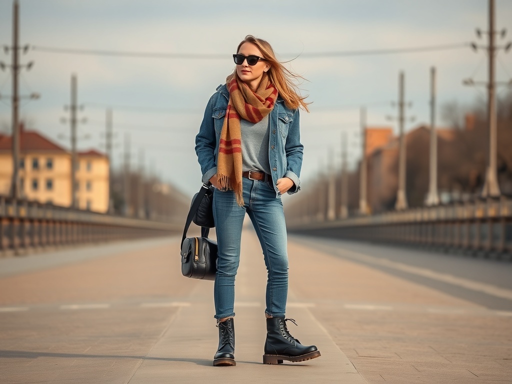 Fashionable woman in denim jacket and scarf, wearing Doc Martens boots and sunglasses