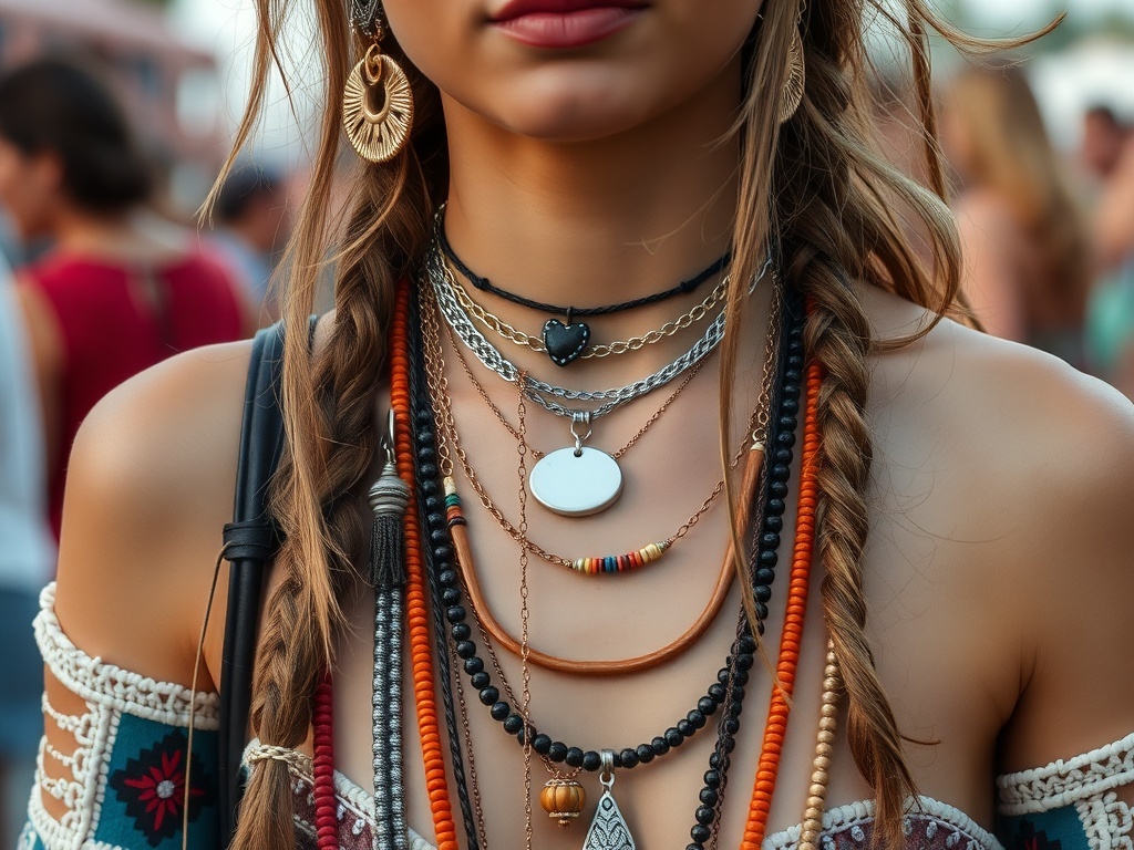 A close-up of a model's bohemian jewelry, featuring layered necklaces and large earrings.