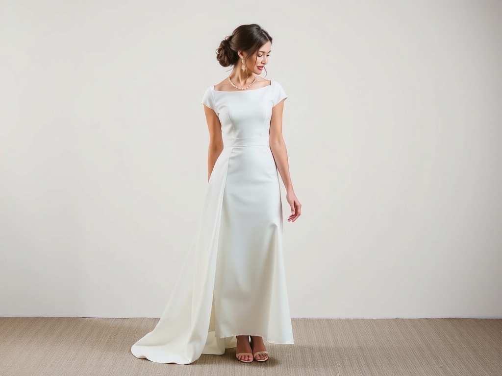 A bride wearing a classic column dress with cap sleeves, showcasing elegant hair, high heel bridal shoes, and exquisite jewelry.