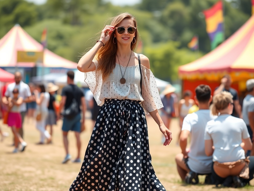 A fashionable model wearing a polka dot maxi skirt and sunglasses.