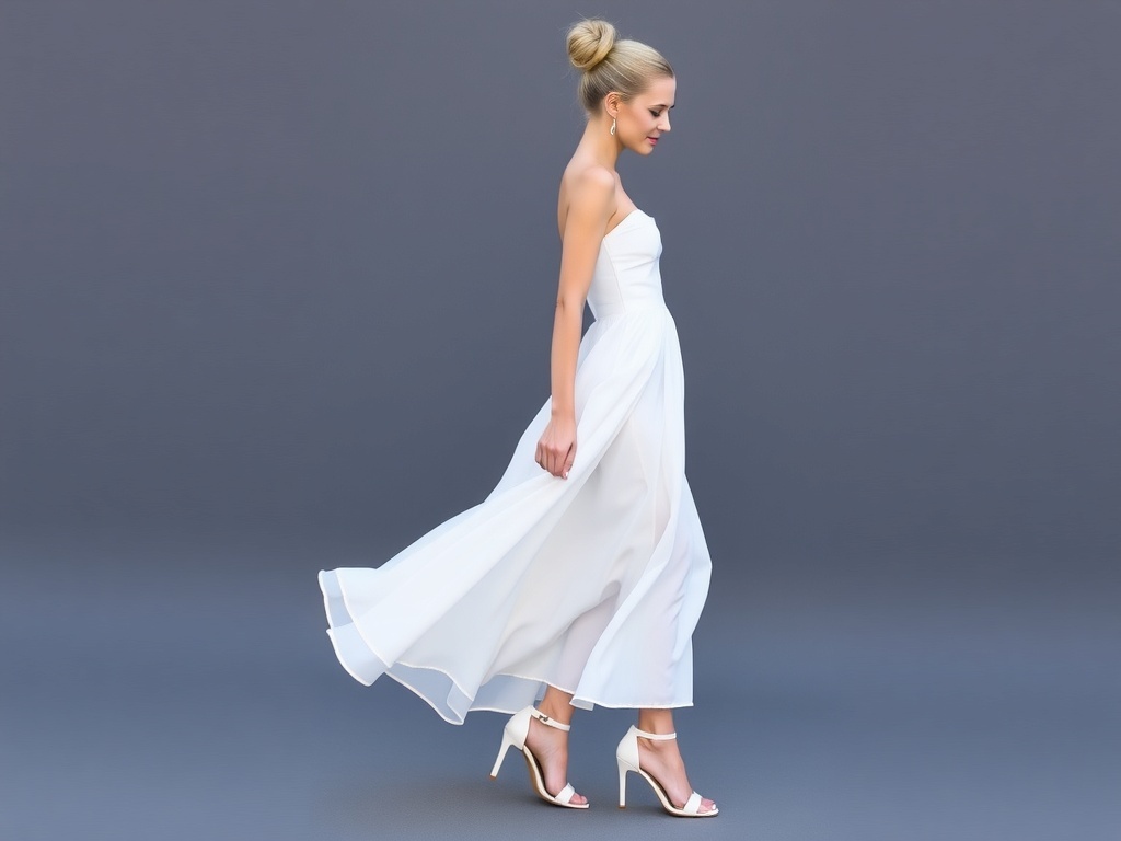 A model wearing an elegant white strapless dress from the back, showcasing a flowing design.
